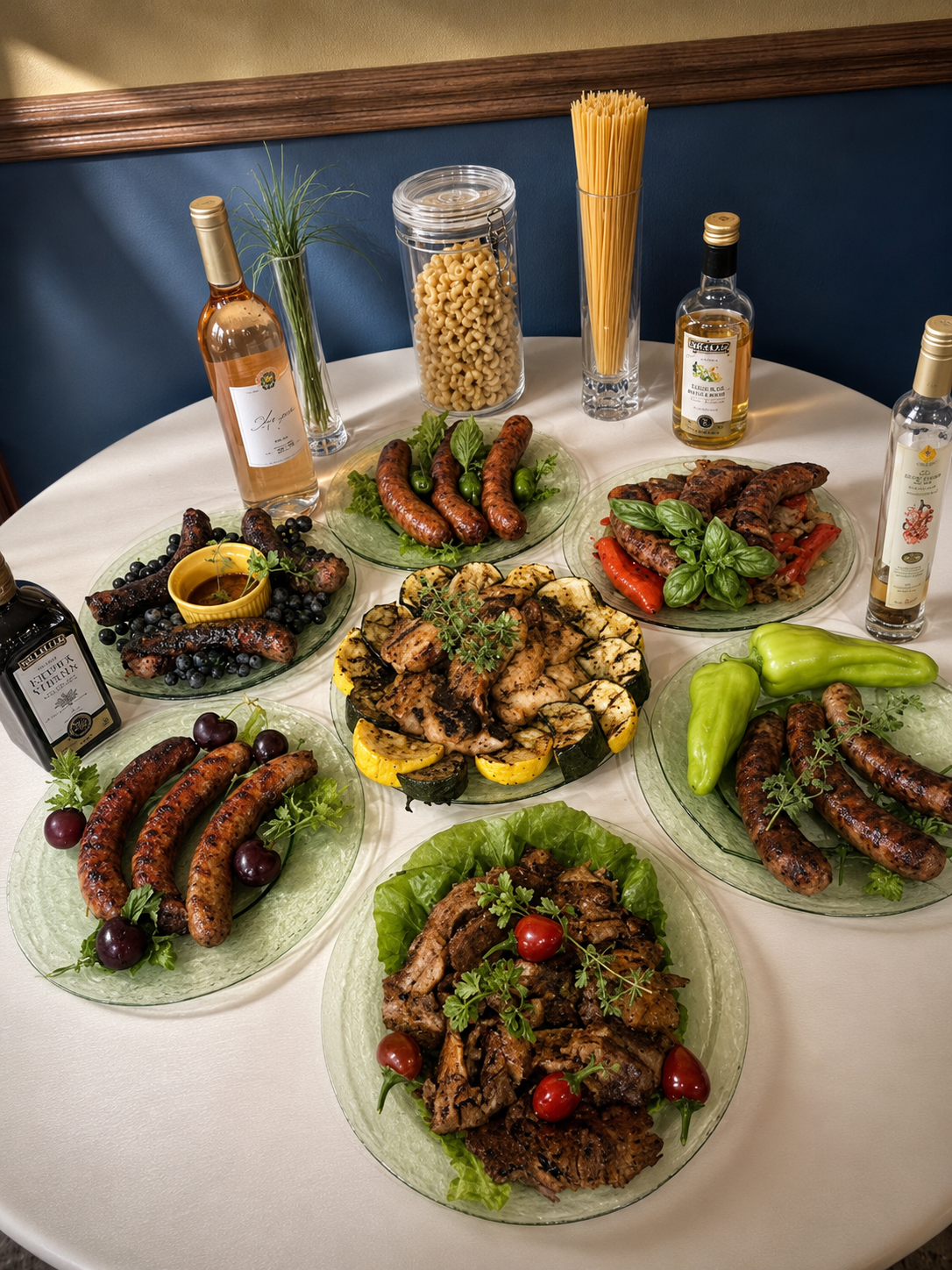 A full spread of grilled meats, sausage, and vegetables on glass plates