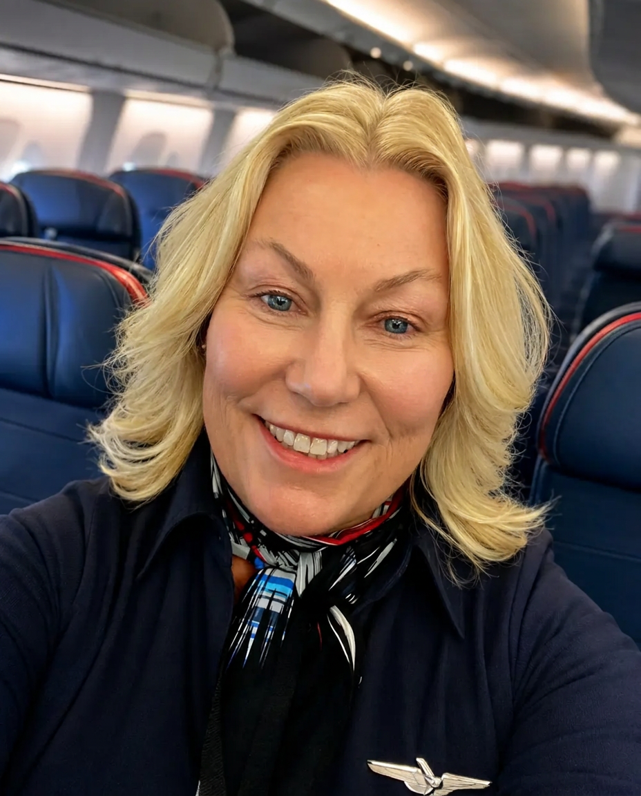 Diana Melody, City to Coast Travel Editor at Large and longtime American Airlines flight attendant, photographed inside an aircraft cabin.