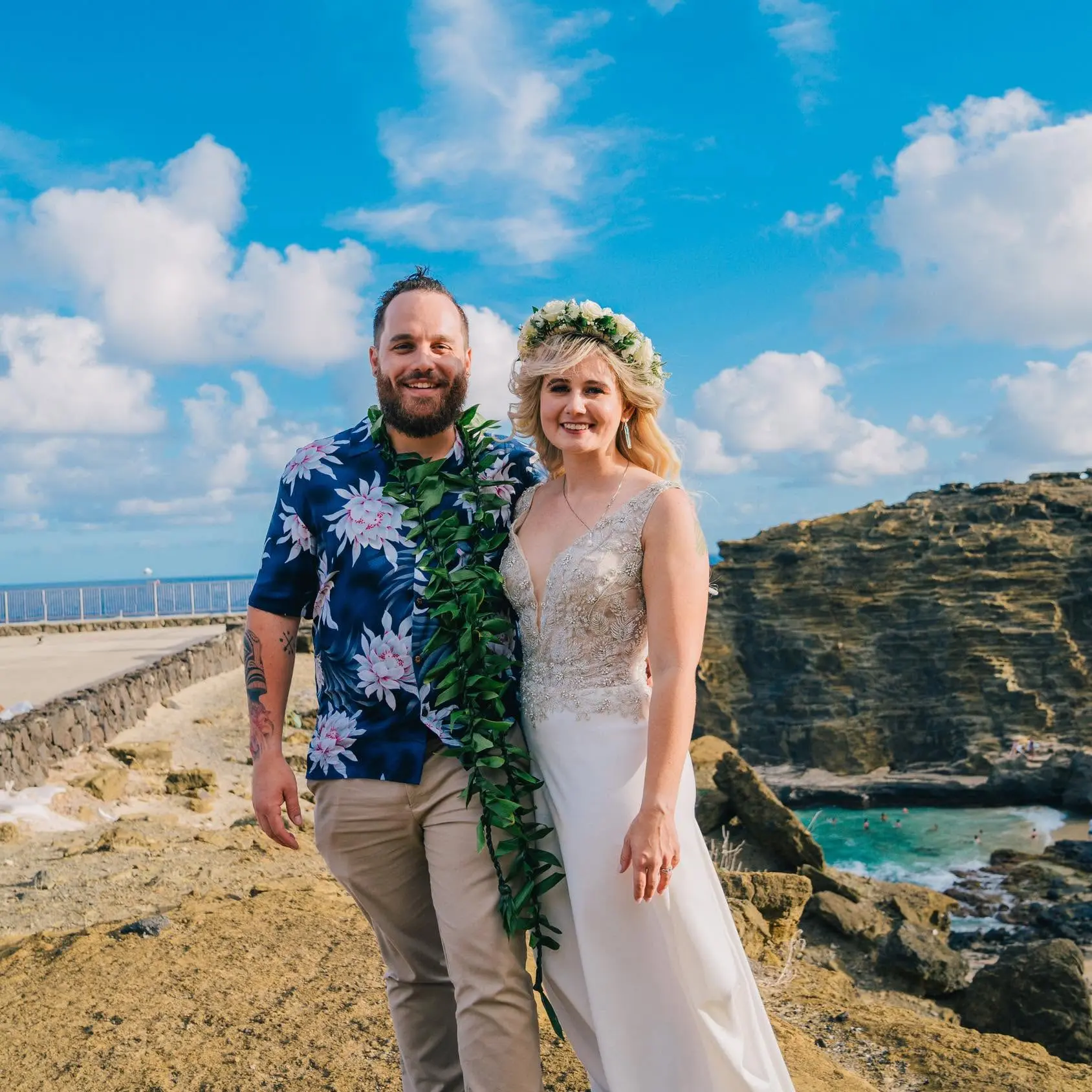 Gregg and Sarah together on the coast in Hawaii on their wedding day.