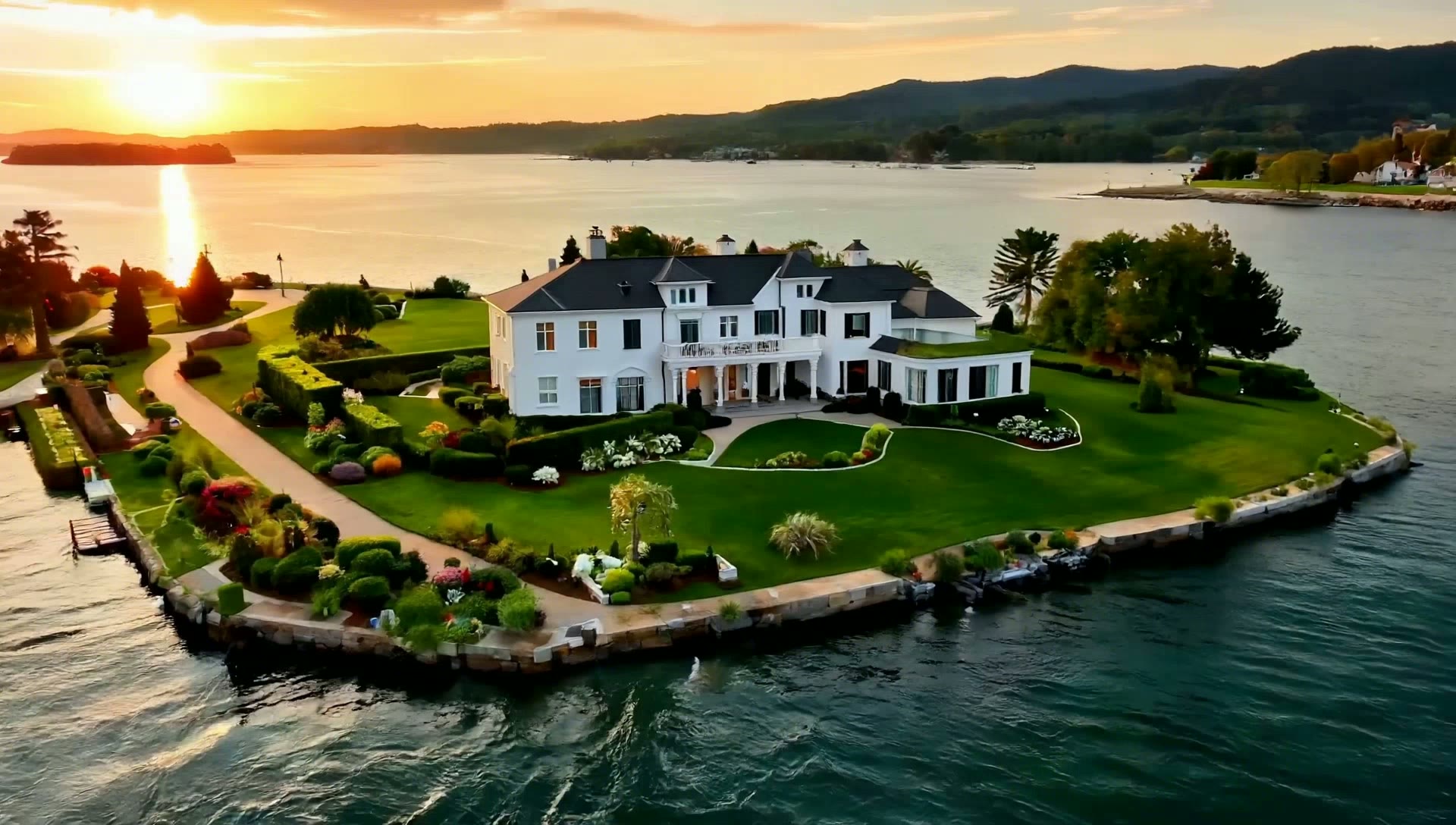 Delaware luxury waterfront estate at golden hour