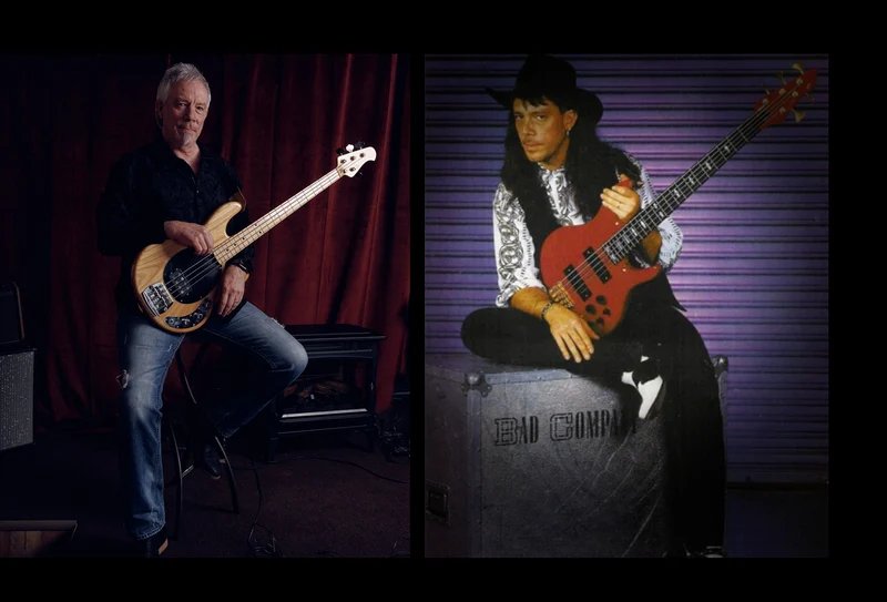 Paul Cullen today with his natural-finish bass beside a 1990 portrait of him with his red bass on a Bad Company road case