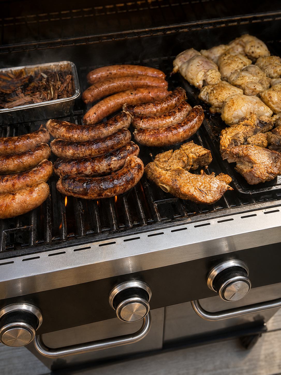 Sausages, chicken thighs, and country ribs on the grill