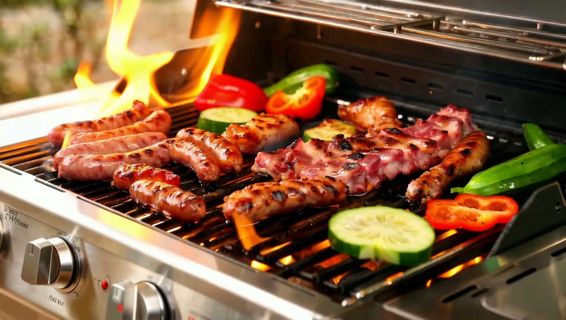 Flames and fragrant cherry-wood smoke rising from a mid-summer grill