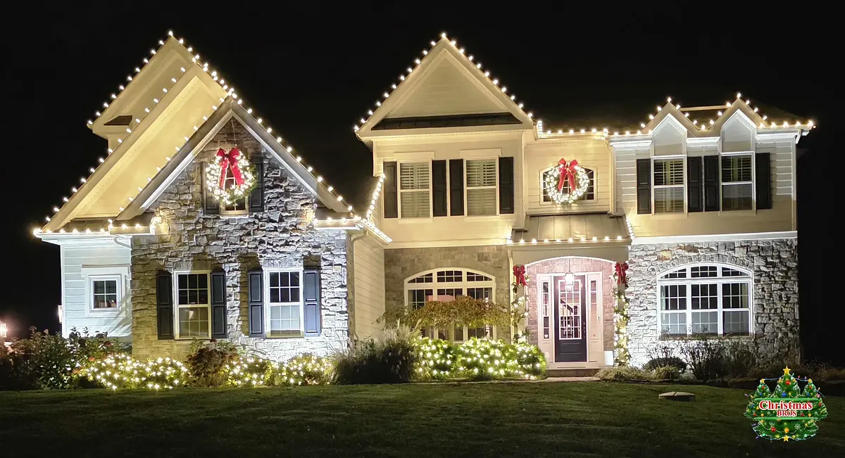 Seasonal roofline lighting by Christmas Bros in Chadds Ford.