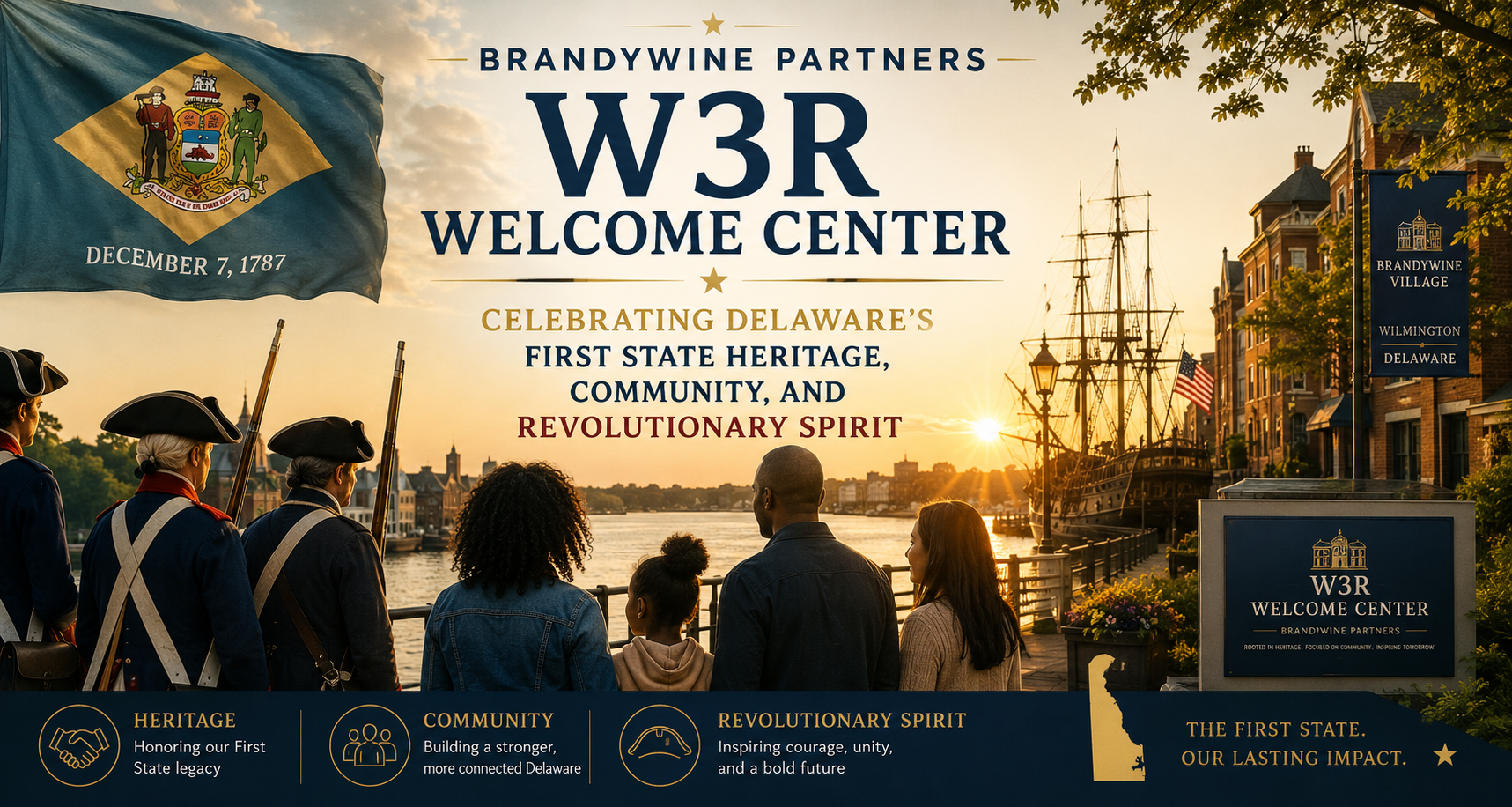 Brandywine Partners W3R Welcome Center. Wilmington, Delaware: Revolutionary reenactors, family along the Brandywine, tall ship at sunset