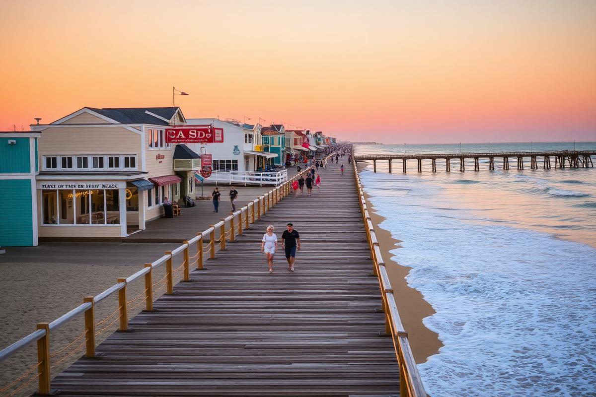 Delaware boardwalk at sunset with colorful beach town