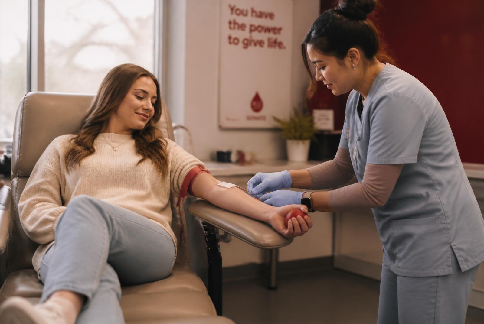 A young donor gives blood as a phlebotomist tends to her arm during a summer drive