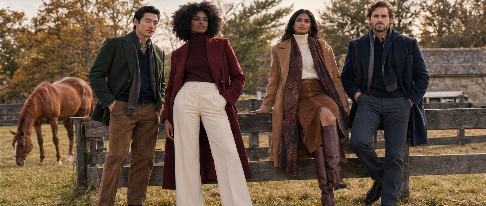 Four friends in autumn tailoring and cashmere along a post-and-rail fence in Mid-Atlantic horse country