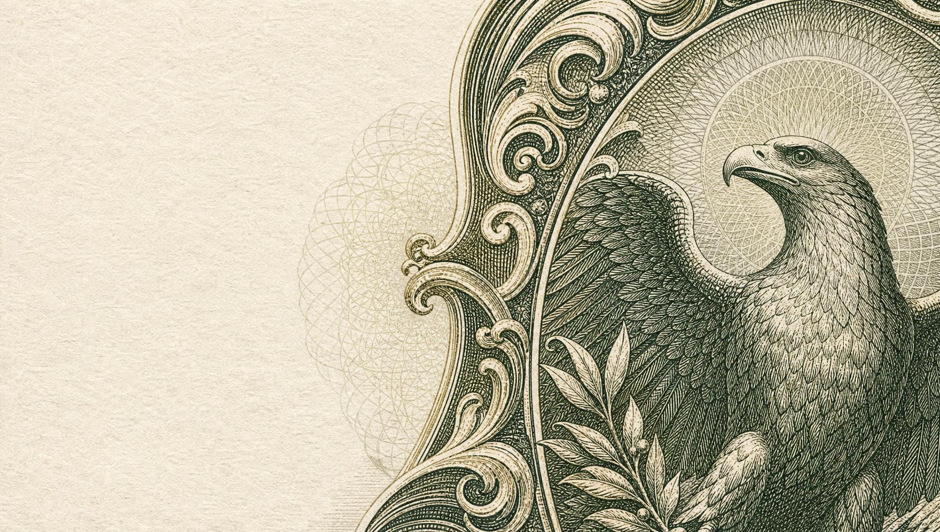 A macro detail of classic engraved currency linework: an engraved eagle, scrollwork and fine guilloche patterns on ivory paper.