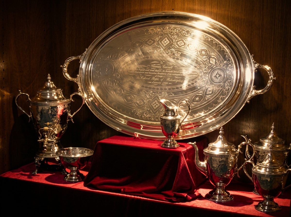 The 1866 silver service presented to Thomas Garrett by the freed Black community of Wilmington, photographed in its present-day setting