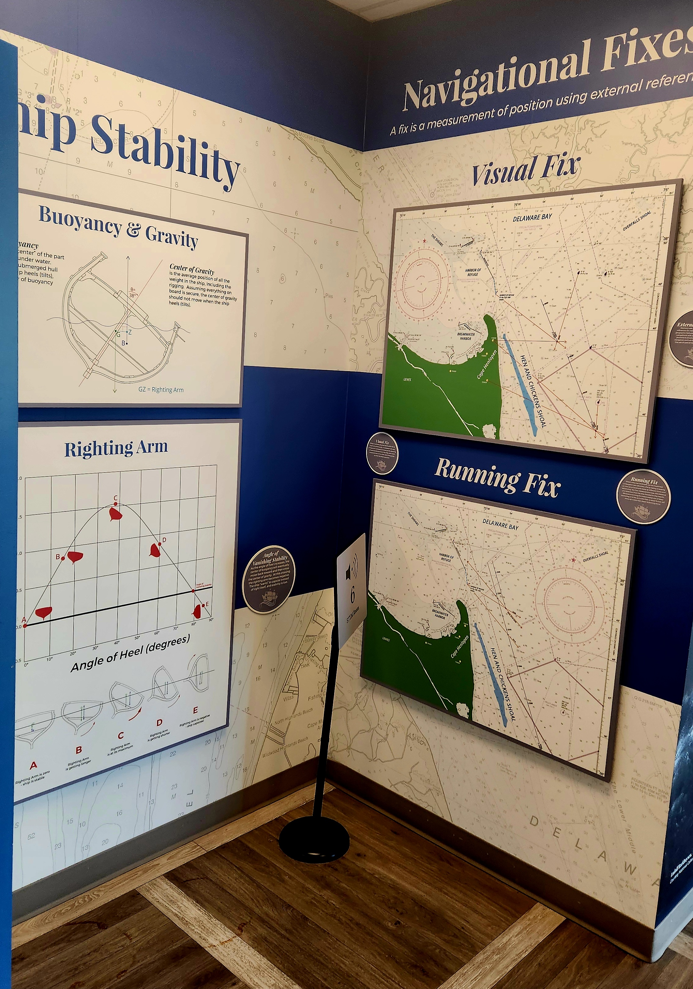 Navigational exhibits and charts inside the Kalmar Nyckel Foundation museum