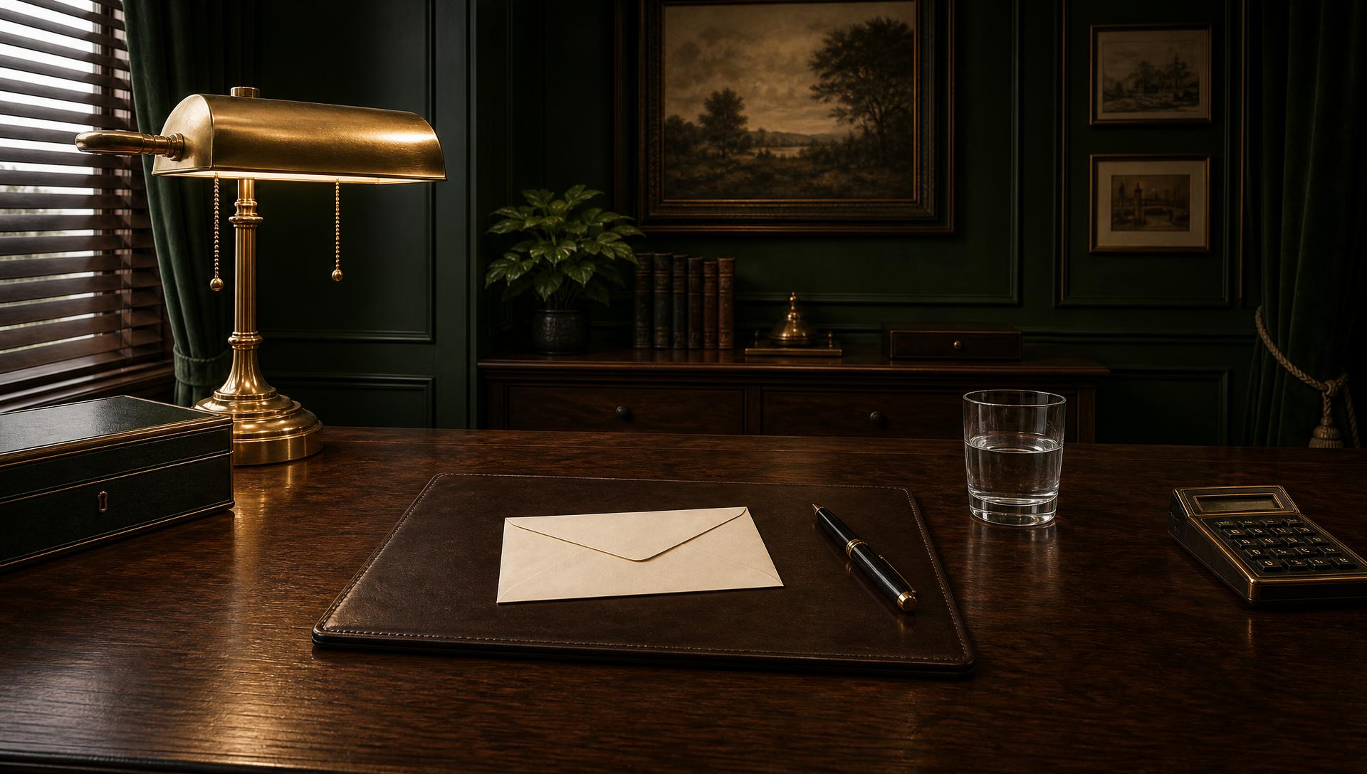 An ivory desk at late light, set for a quiet conversation about money.