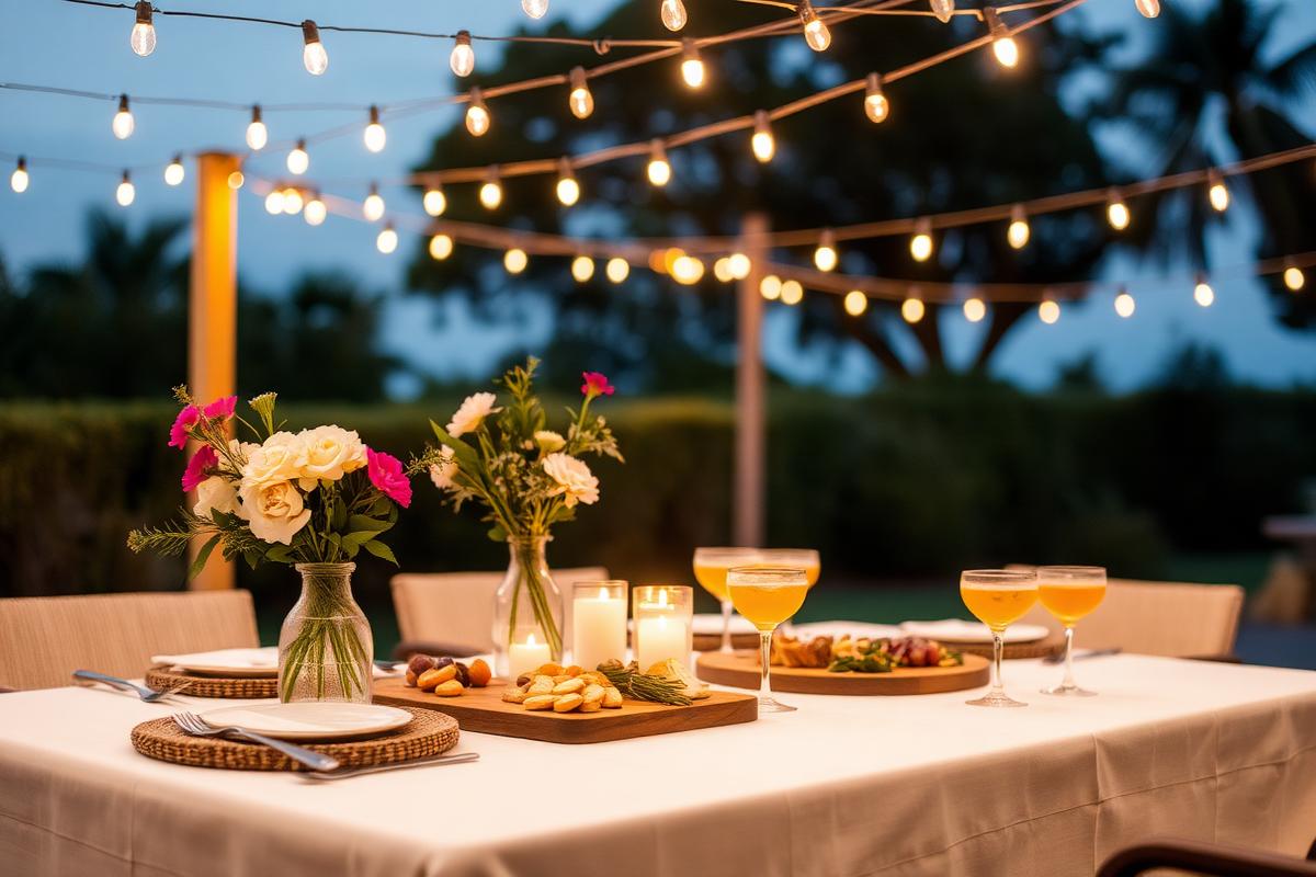 Elegant outdoor summer dinner party with string lights and cocktails