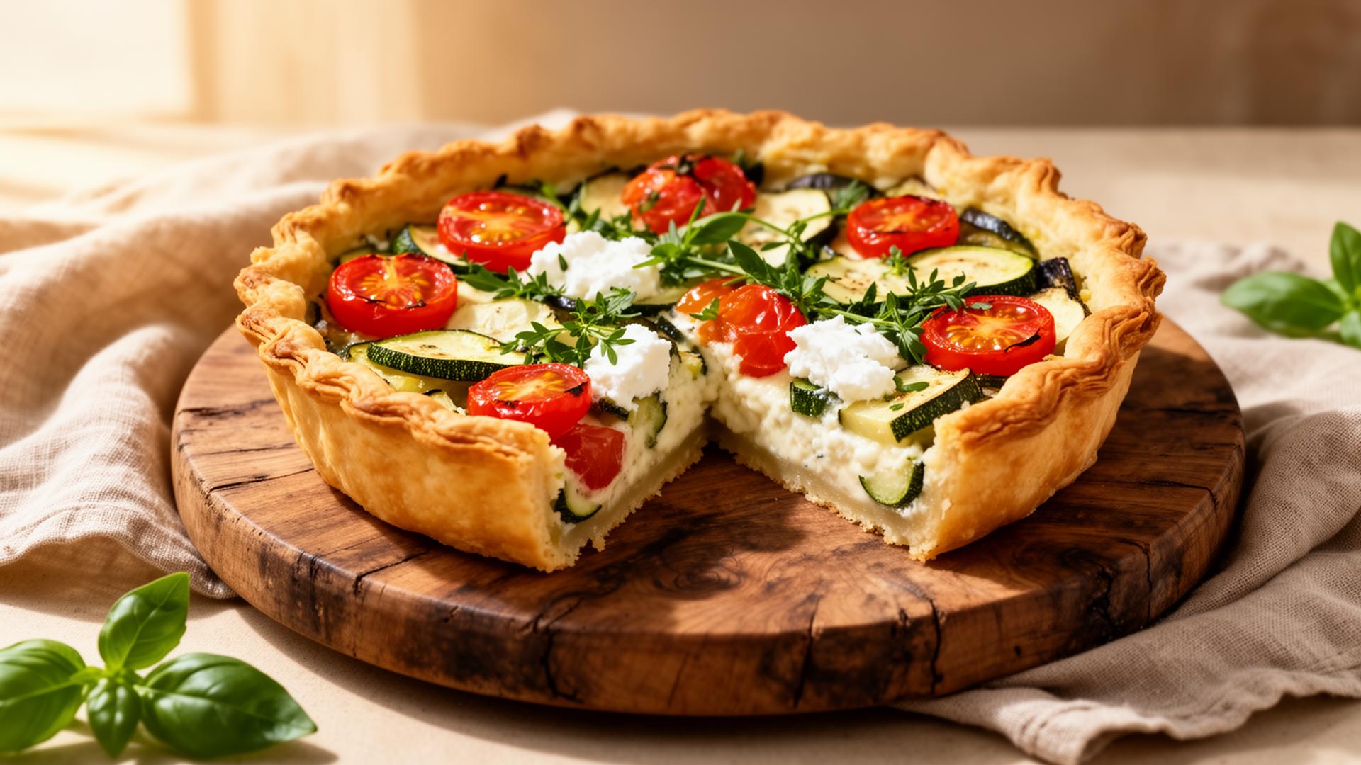Rustic summer vegetable quiche with zucchini, cherry tomatoes, goat cheese, and fresh herbs on a wooden board