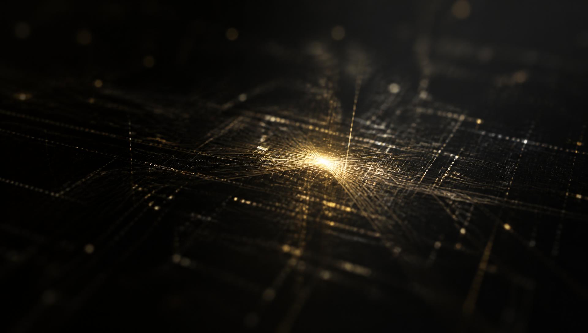 Abstract circuit grid with a single point of gold light
