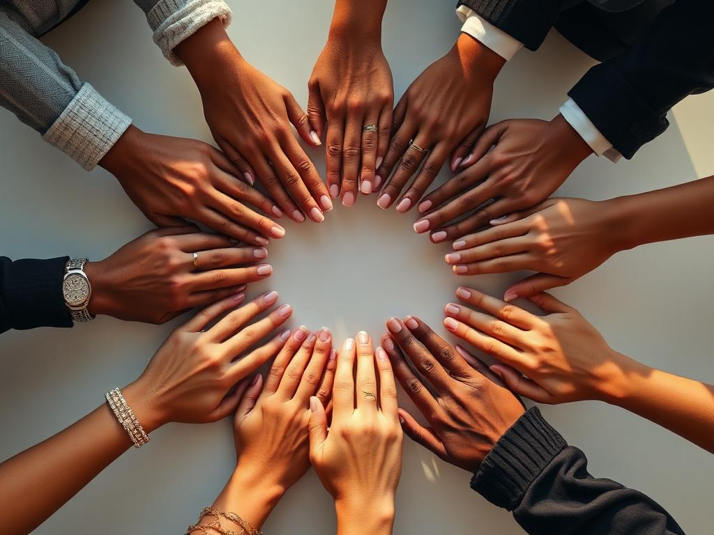 Diverse hands forming a circle, community and inclusion