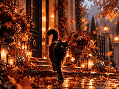 A green-eyed black cat walks toward the camera along a lantern-lit path lined with pumpkins and autumn leaves.